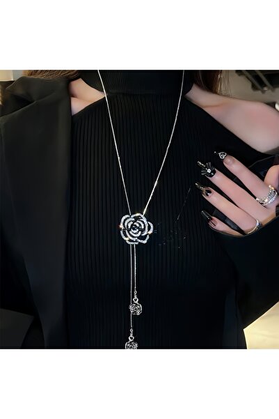 Choice قلادة طويلة على شكل زهرة الورد الأسود مع سلسلة سويتر وقلادة معدنية من ...