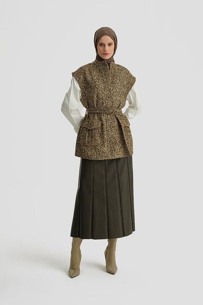 Armine Zippered Long Tweed Vest 24K4202 Khaki Shoe Model