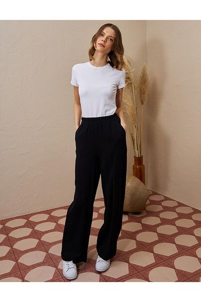 Kayra Black Elastic Waist Muslin Trousers