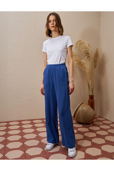 Kayra Elastic Waist Muslin Trousers Indigo