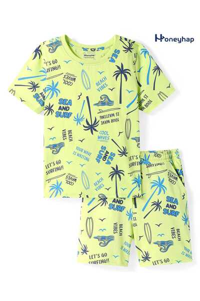 Honeyhap طقم بيجامة مطبوع عليه موضوع الشاطئ من القطن الفاخر بنسبة 100% - ليمو...