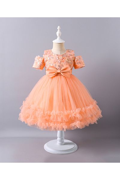 Mark & Mia Mark & Mia Bow Detailed & Floral Sequins Embellished Cold Shoulder Tulle Dress - Peach