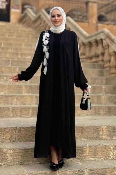 TRENDTESETTÜR KADIN SİYAH ÇİÇEK İŞLEMELİ ABAYA T 4193