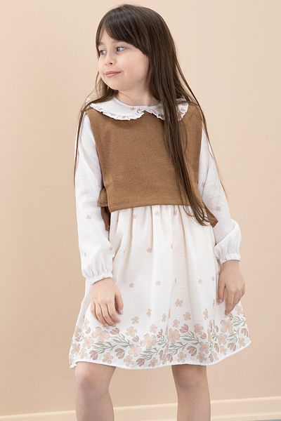 Cansın Mini Brown Floral Patterned Side Tie Sweater Girl's Dress 20487