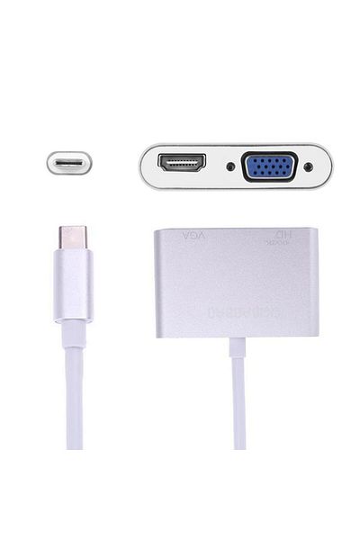 COOYA محول 2 في 1 من USB 3.1 Type C إلى VGA HDMI 4K UHD، لأجهزة MacBook/ChromeBook Pixel/أجهزة أخرى، فضي