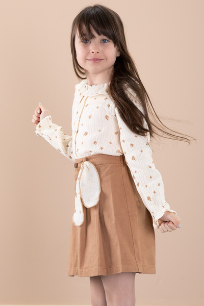 Cansın Mini Κοριτσίστικο κοστούμι με μοτίβο λουλουδιών καφέ μουσελίνα και τζιν φούστα 20424