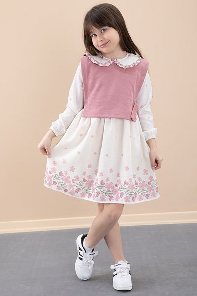 Cansın Mini Pink Floral Patterned Girl's Dress with Side Tie Sweater 20486