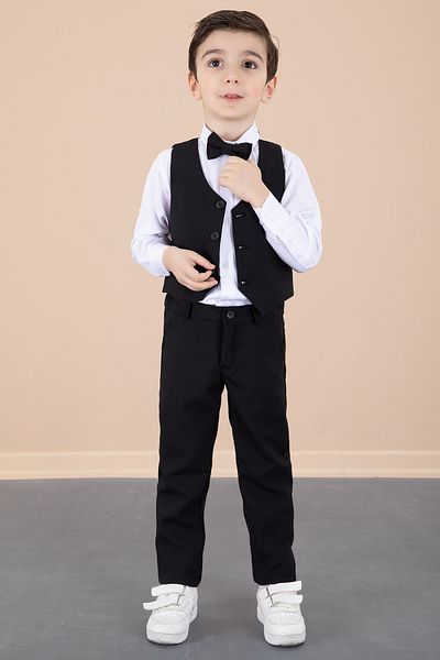 Cansın Mini Black Vest Boy's Suit with Bow Tie Shirt and Fabric Trousers 20429