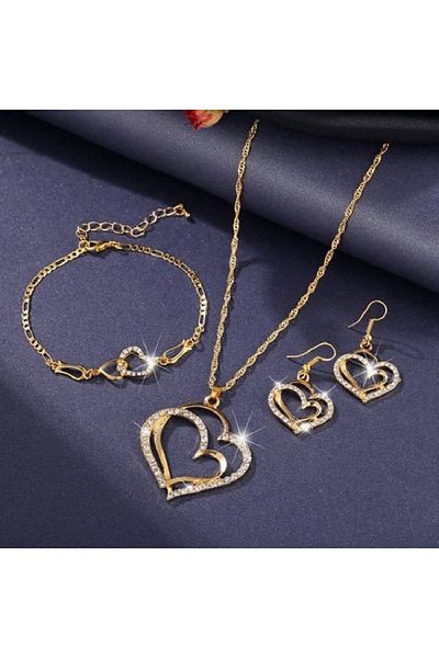 Choice StyleA 4pcs Gold-color Necklace Earrings Bracelet Set Women Fashion Vintage Design Peach Heart Combo