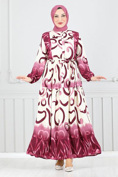 ModaMerve Φόρεμα με μοτίβο με μισό κουμπί 0208asn936-m Dark Dusty Rose