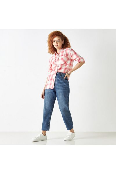 Lee Cooper Checked Button Up Denim Shirt With Chest Pockets And Long Sleeves