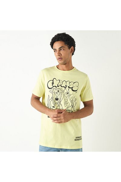SP Characters Spongebob Squarepants Print Crew Neck T-shirt With Short Sleeves