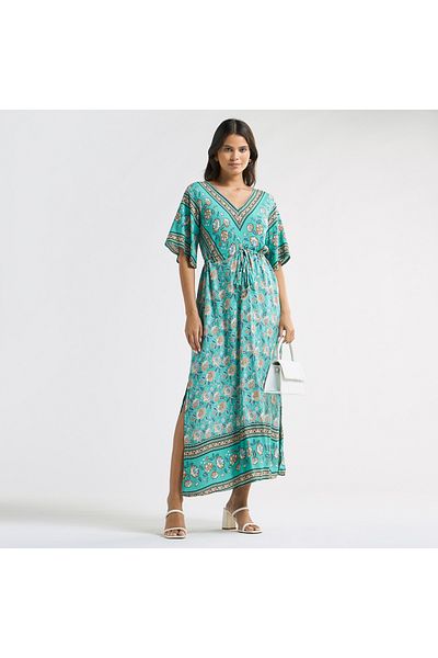 FAV All-over Floral Print V-neck Dress With Tie-ups And Short Sleeves