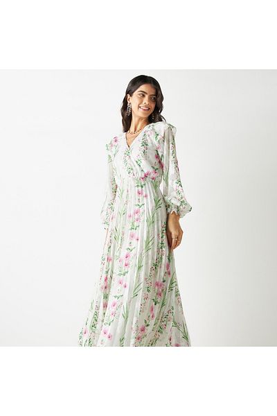 Iconic All-over Floral Print Pleated A-line Dress With Long Sleeves