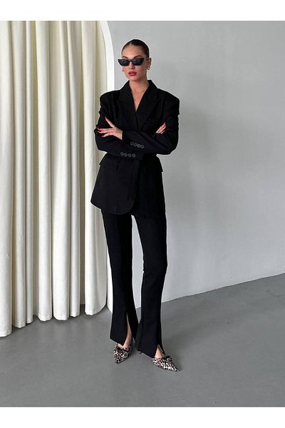 Moda İkra Women's Belted Blazer Jacket Split Pants Suit