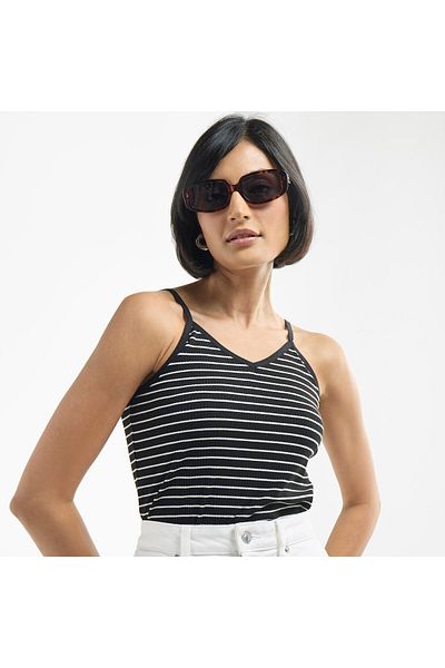 FAV Striped Sleeveless Bodysuit With V-neck