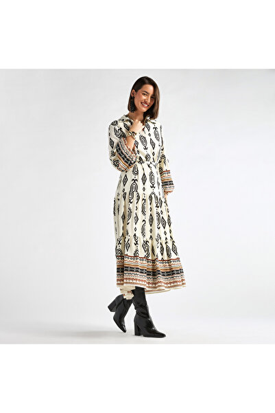 FAV Printed Midi Shirt Dress With Long Sleeves And Tie-up Belt