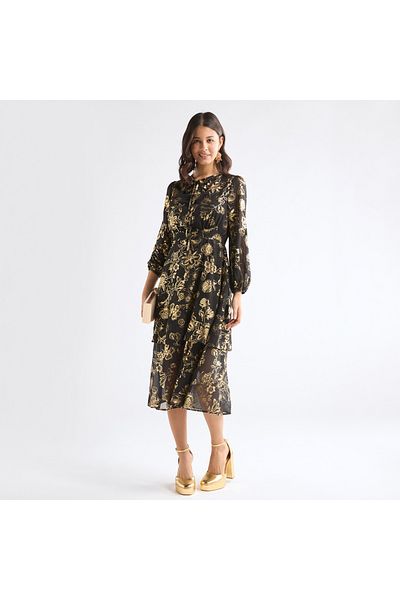 FAV All-over Floral Print Dress With Long Sleeves And Tie-ups