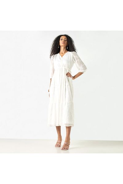 2Xtremz Embroidered V-neck A-line Midi Dress With Puff Sleeves