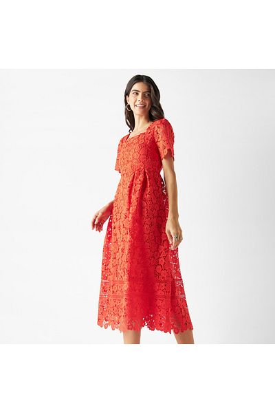 Iconic Lace A-line Dress With Square Neck And Short Sleeves