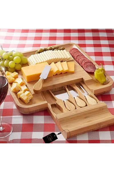 sharpdo Bamboo Cheese Board Cutter Set Slide-out Drawer Serving Platter Tray Cutting Board
