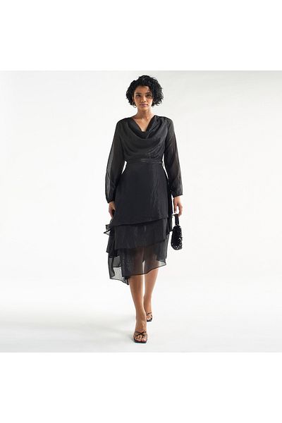FAV Textured Layered Dress With Cowl Neck And Long Sleeves