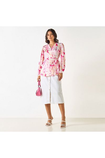 Iconic Printed Wrap Top With Tie-ups And Long Sleeves