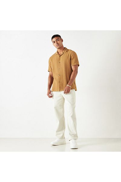 Lee Cooper Relaxed Fit Textured Oversized Shirt With Short Sleeves