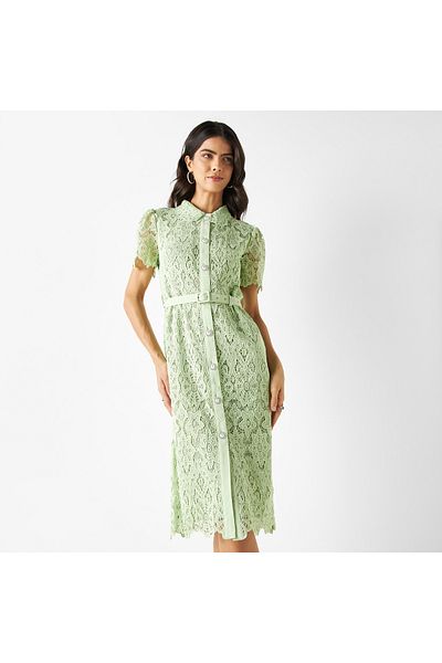 Iconic Floral Lace Textured Midi Shirt Dress With Short Sleeves