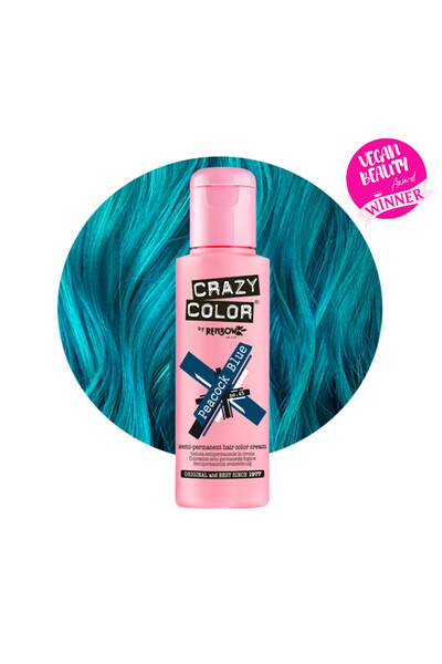 Crazy Color صبغة شعر - نباتية وخالية من القسوة، صبغة مؤقتة لجميع أنواع الشعر، رقم 45، أزرق طاووس