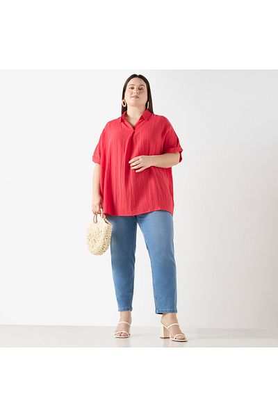 Ulla Popken Plus Size Textured Top With Short Sleeves