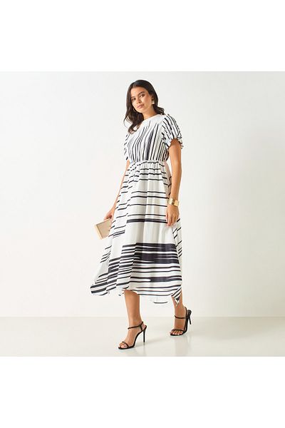 2Xtremz Striped Dress With Asymmetrical Hemline And Pearl Accent