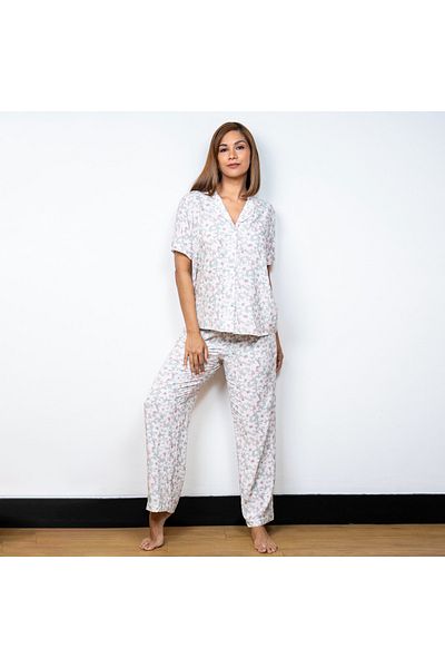 Aadaraya Floral Print Short Sleeve Shirt And Elasticated Pyjama Set