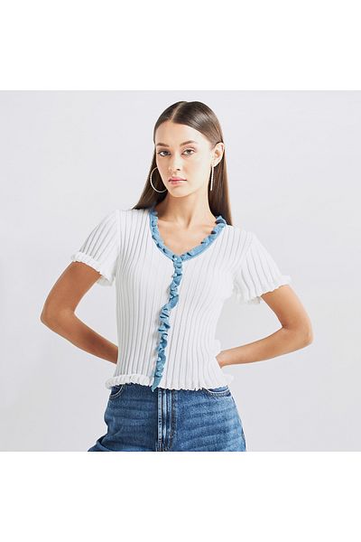 FAV Textured V-neck Top With Ruffles And Short Sleeves