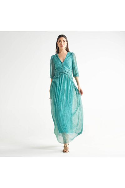 FAV Textured V-neck Maxi Dress With Zip Closure And Wrap Detail