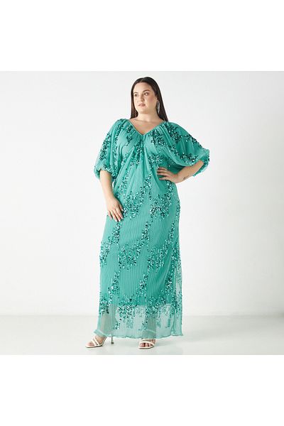 2Xtremz Sequin Embellished Textured Maxi Dress With V-neck And Volume Sleeves