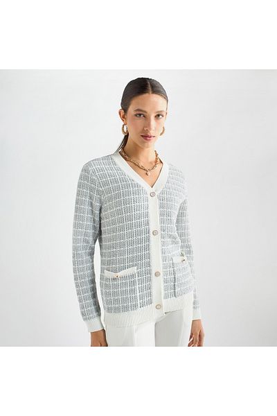 FAV كارديجان منقوش بفتحة على شكل حرف V مع أزرار للإغلاق وجيوب