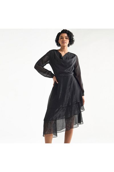 FAV Textured Layered Dress With Cowl Neck And Long Sleeves
