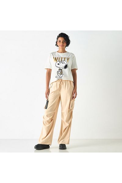 SP Characters Peanuts Print Wide Leg Pants With Drawstring Closure And Pockets