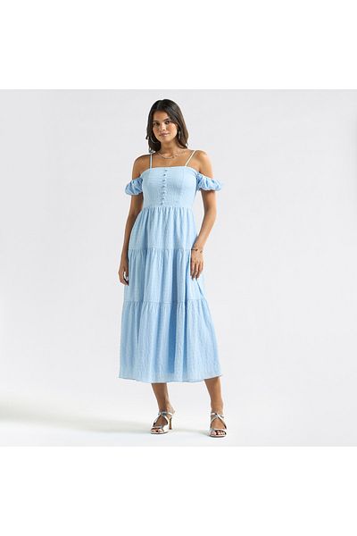FAV Textured Midi A-line Dress With Cold Shoulder