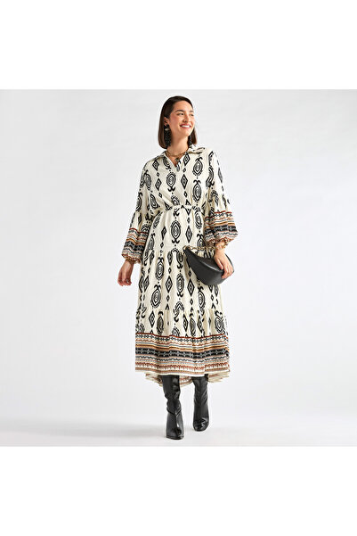 FAV Printed Midi Shirt Dress With Long Sleeves And Tie-up Belt