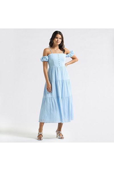 FAV Textured Midi A-line Dress With Cold Shoulder