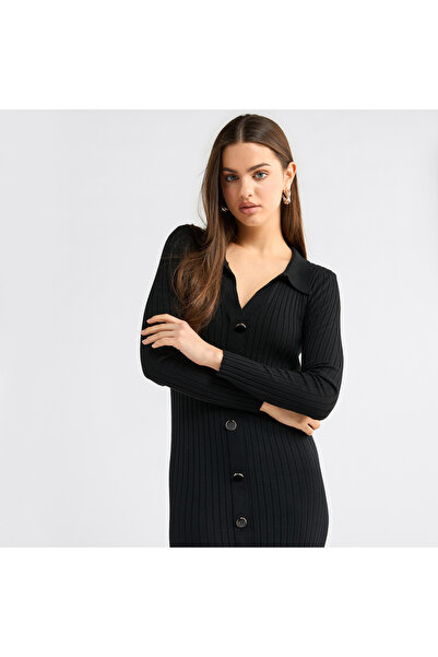 FAV Textured Collared Shirt Dress With Long Sleeves