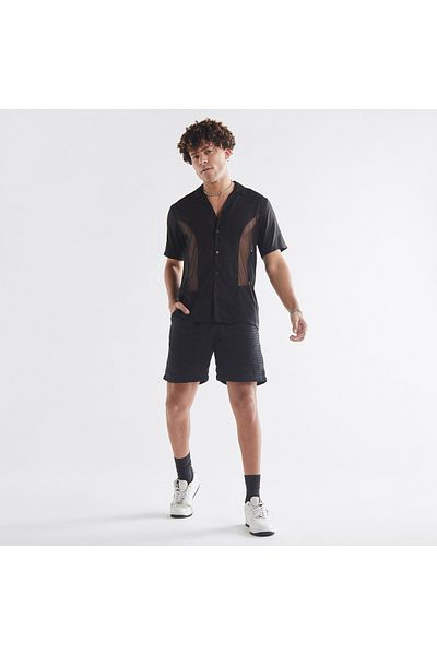 FAV Mesh Panelled Shirt With Camp Collar And Short Sleeves