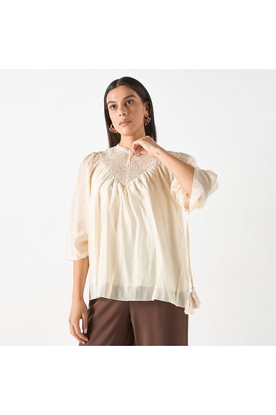 Iconic 3/4 Sleeve Top With Smocked And Tassel Detail