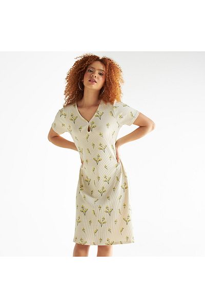 FAV All-over Floral Print V-neck Dress With Short Sleeves