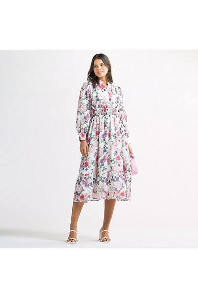 FAV All-over Floral Print A-line Dress With Seersucker Detail And Mandarin Collar