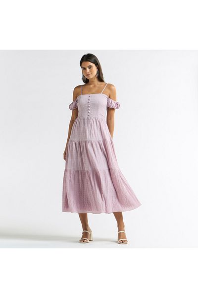 FAV Textured Midi A-line Dress With Cold Shoulder