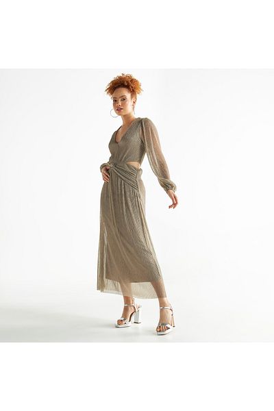 FAV Textured V-neck Dress With Cutout Detail And Long Sleeves
