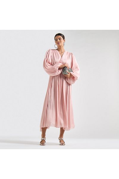 FAV Textured Belted Midi Dress With V-neck And Long Puff Sleeves